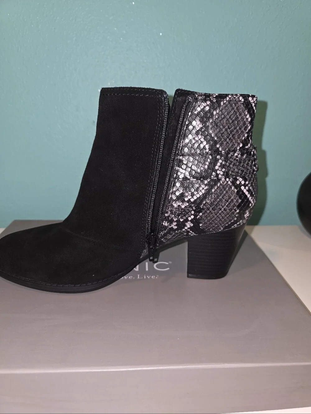 Vionic Black Suede Ankle Boot with Snake-Print Accent Size 9 Wide